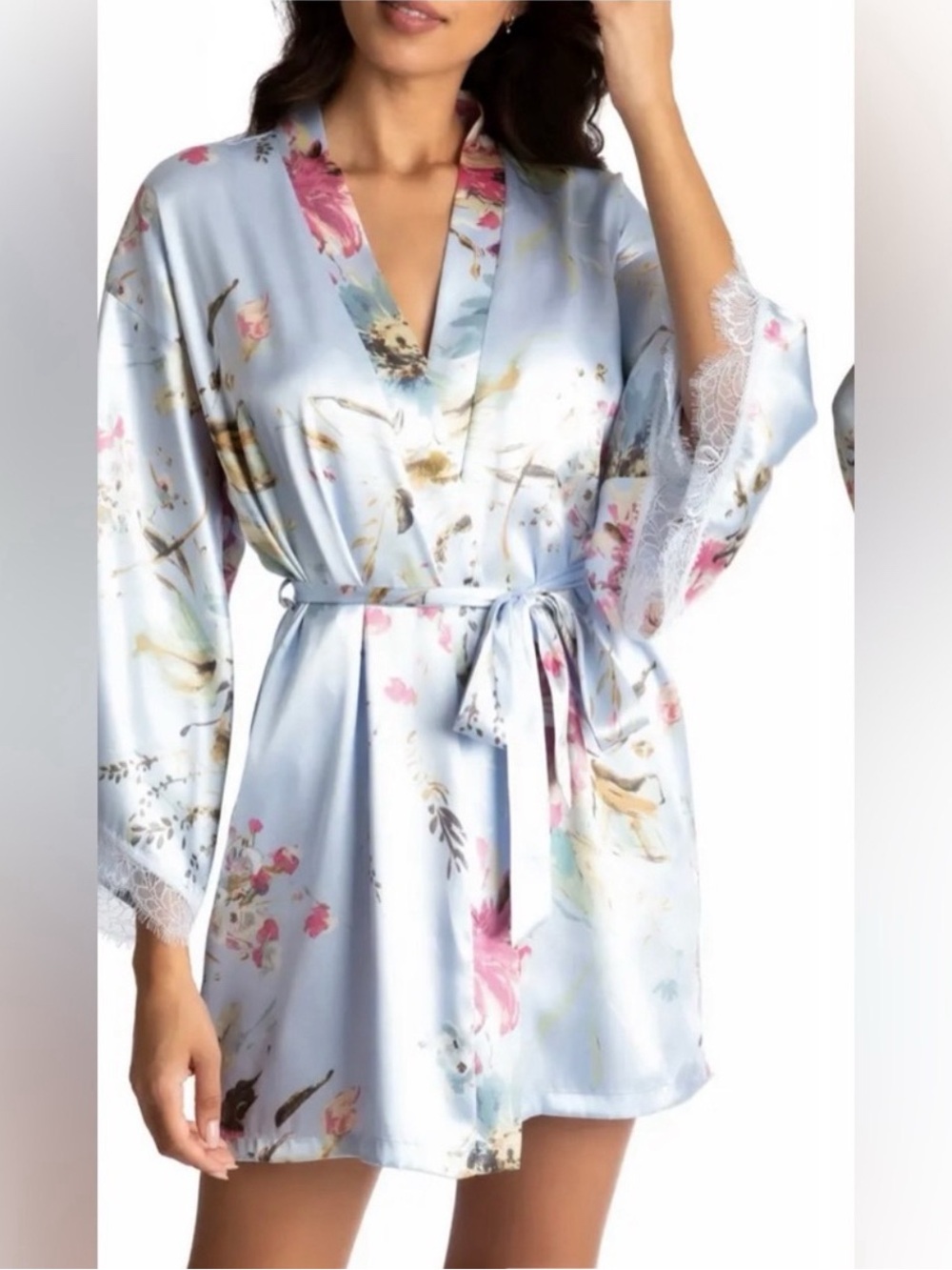 In Bloom by Jonquil short satin wrap robe M/L light blue barely worn